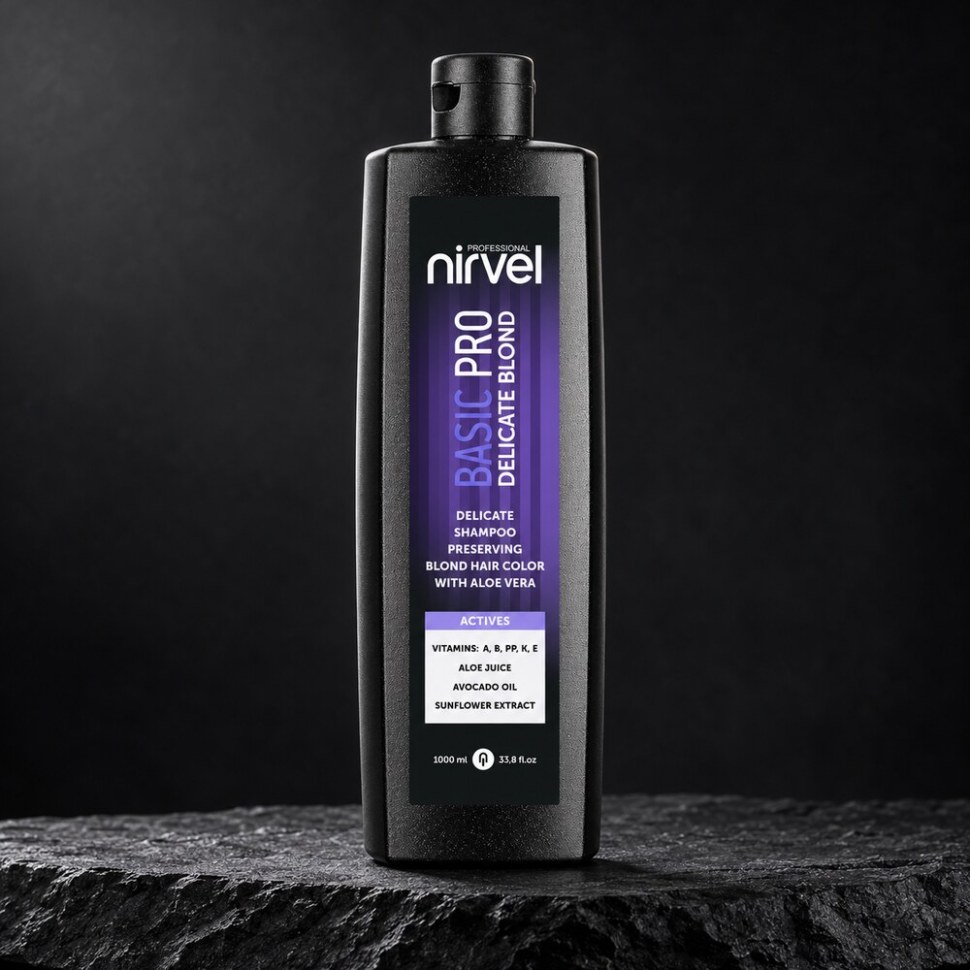Шампунь деликатный для сохранения цвета блонд с алоэ вера/ Delicate shampoo preserving blond hair color — на чёрном камне Шампунь деликатный для сохранения цвета блонд с алоэ вера/ Delicate shampoo preserving blond hair color — фото 1