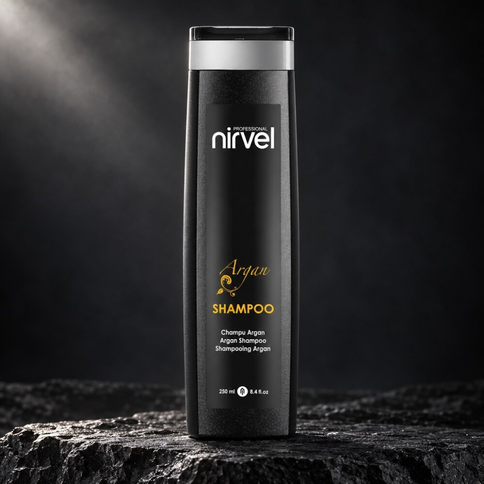 Nirvel Argan Shampoo — шампунь с аргановым маслом для сухих и повреждённых волос — на чёрном камне Nirvel Argan Shampoo is an argan butter shampoo for dry and damaged hair.